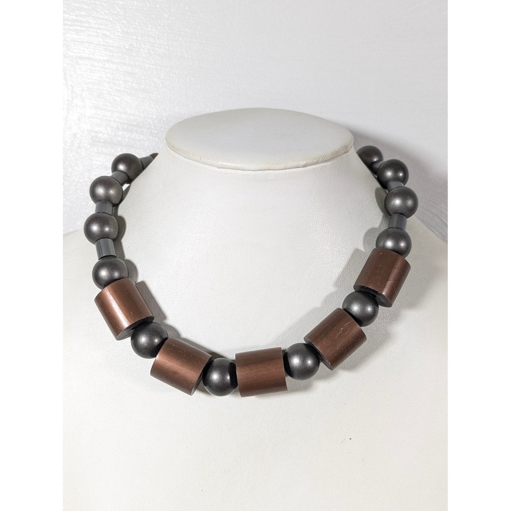 Chunky‎ Gray Copper Acrylic Bead Statement Necklace Modernist Industrial 18 Inch